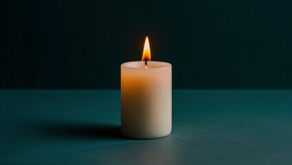 Peaceful single lit candle with warm flame on smooth teal background