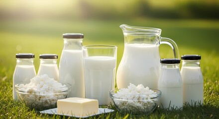 Dairy delights on green grass features fresh milk in glass bottles, a pitcher, cottage cheese, and butter bathed in soft, natural light.