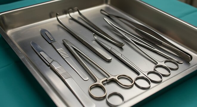 Surgical instruments on a metal tray are prepared for the operation.