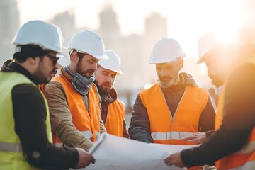 Group of construction workers in reflective vests and safety helmet 