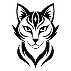Stylized Black and White Cat Head Illustration Tribal Cat Design