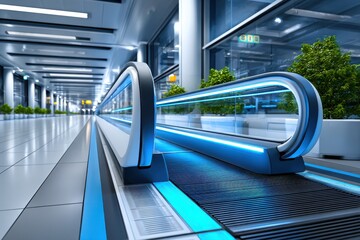 Illuminated travel walkway at a modern airport setting adds a futuristic vibe to the busy terminal environment