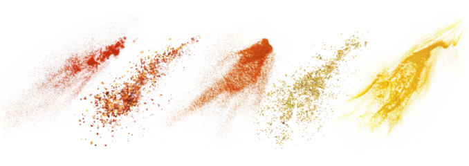 Red paprika powder, chili pepper flakes, chili red pepper ground, chopped oregano leaves and turmeric flying, isolated on white, clipping path