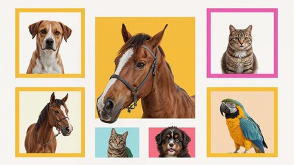 Collage of various animals including dogs cats horses and a parrot framed in different colors