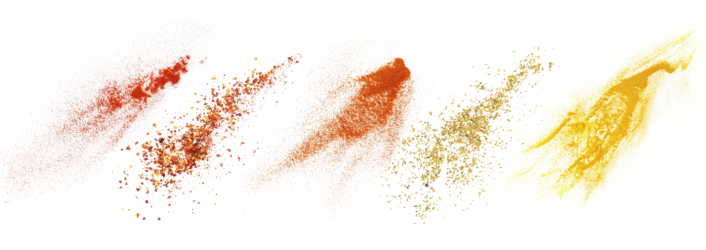 Red paprika powder, chili pepper flakes, chili red pepper ground, chopped oregano leaves and turmeric flying, isolated on white, clipping path