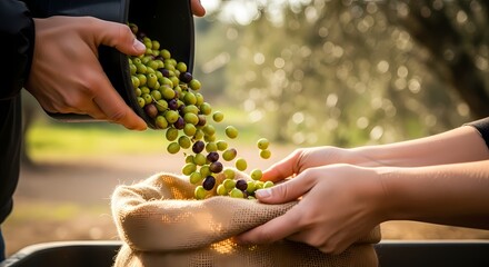 Freshly harvested olives are carefully poured into a burlap sack during the olive harvest in the orchard on a sunny day.