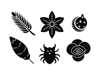 Black Silhouette Icons of Feather, Flower, Fruit, and Insect