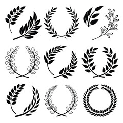 Collection of Elegant Black and White Laurel Wreaths Vector Graphics for Design