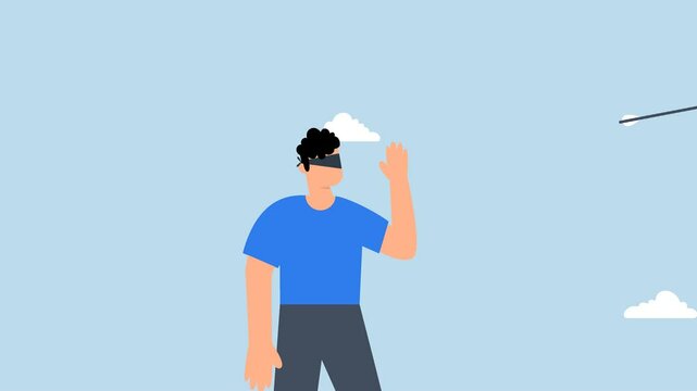 4k animation of confused businessman blindfold throwing dart.