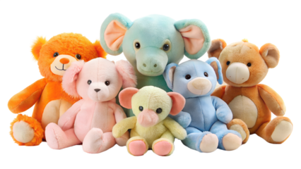 A group of adorable pastelcolored stuffed animals, including a bear, elephant, and pig, sit together, radiating warmth and inviting playful cuddles isolated on transparent background