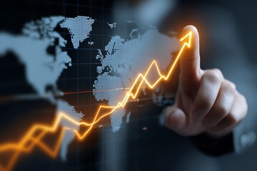 Hand pointing at glowing orange upward trend arrow over pixelated world map digital interface