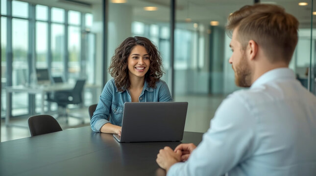 Job interview in office boardroom, woman with curly hair, wearing a denim shirt, is seated at a long dark conference table in an office, laughing while looking at a man across from her