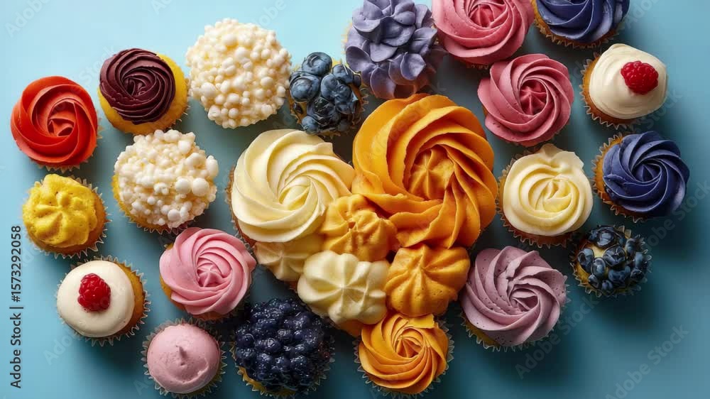 Aufkleber Assorted colorful cupcakes arranged in a heart shape on a blue background showcasing various frosting styles