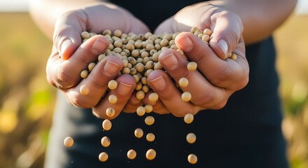 Human hands cup soy beans in agricultural field, harvest and abundance concept showing agriculture production