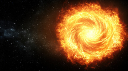 Glowing fiery spiral resembling galaxy or energy vortex radiates intense light against backdrop of star filled cosmic space, evoking sense of mystery and power
