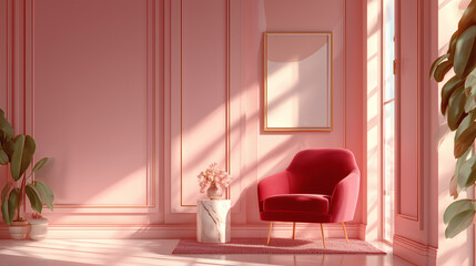 Sala elegante con sillón rosa y decoración floral en tonos cálidos