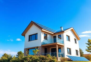 Modern house with solar panels, sunny blue sky background,  renewable,  bright