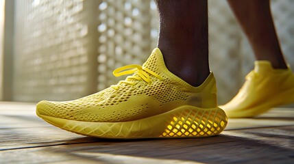 Close-up of a male's feet in vibrant yellow sneakers on wooden flooring.
