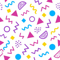Memphis geometric seamless pattern. Multicolored abstract background. Retro 80s, 90s style. Wallpaper with various shapes: circles, semicircles, dots, zigzags, spirals, wavy lines. Cute kid doodle