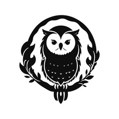 Owl silhouette logo, bird emblem, vintage forest owl, nocturnal animal design, branch frame element