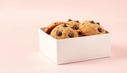 Warm, golden-brown chocolate chip cookies in a crisp white box on a soft pastel background,  warm,  fresh