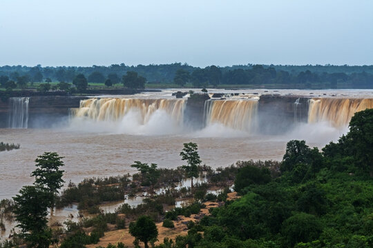A close view from the top of the beautiful Chitrakote Waterfall located in the Indian state of Chhattisgarh on the Indravati River during post monsoon season