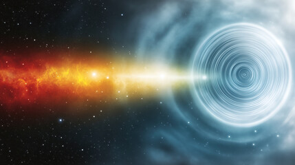 Fototapeta premium Vibrant cosmic scene featuring layered gradient nebula transitioning from fiery orange to cool blue, with dynamic star pulses and swirling circular energy field, evoking sense of mystery