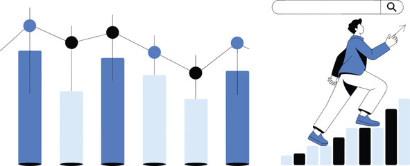 Minimalist business illustration showing analytics growth chart and businessman lifting search bar, concept for SEO, marketing, data, and success