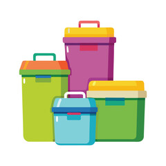 Collection of colorful plastic storage containers with lids on a white background