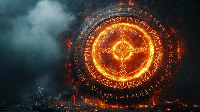 Intricate glowing rune circle illuminated in fiery light within a dark, mystical setting