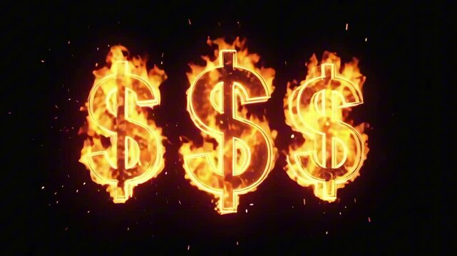Flaming dollar signs ($) on a black background, sparks flying, fire erupting behind each one, chaos and greed visual