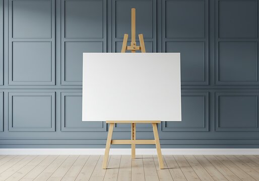 A blank canvas on a wooden easel against a paneled blue wall
