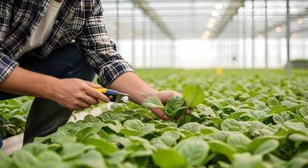 Man tending to leafy greens in a greenhouse, inspecting the quality and health of the plants inside a modern agricultural facility.