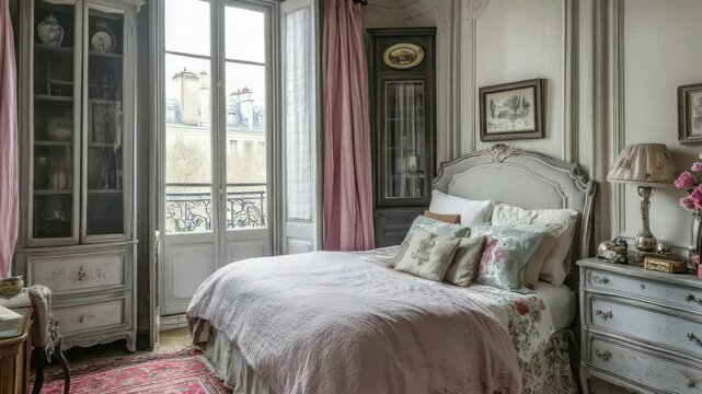 Elegant Parisian bedroom showcasing classic decor and natural light on a tranquil afternoon