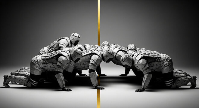 Robotic figures execute pushups with a gold division, creating a conceptual presentation of strength, technology and artificial intelligence.