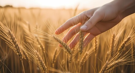 Human hand gently touches golden wheat ears in a sunlit field, showcasing agriculture, harvest, and connection with nature.