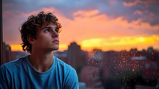 Thoughtful young man gazing out the window at a vibrant sunset after a rainstorm.