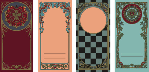 Vintage decorative frames set with floral Art Nouveau patterns, retro blank poster templates for invitations, cards, packaging, and print design.