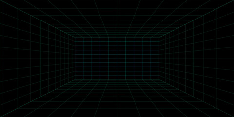 Obraz premium 3D wireframe room on green background. Abstract perspective grid. Vector illustration.