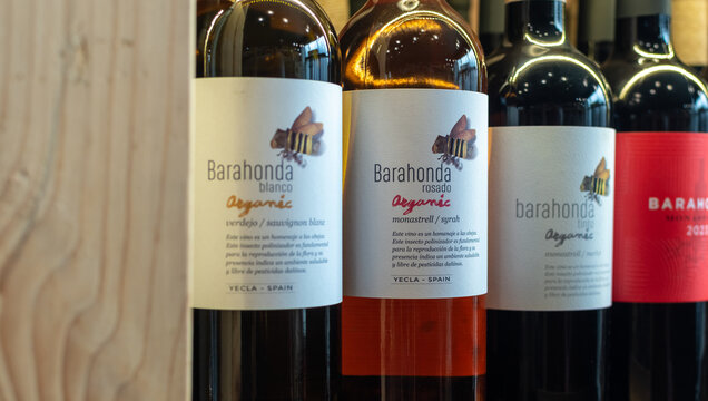 Several bottles of Spain wine Barahonda Organic, including white, ros&eacute;, and red varieties close up on blurred background on wine shelf. Ukraine, Zhytomyr, July, 09, 2025