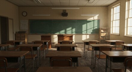 Fototapeta premium An empty vintage classroom with wooden desks and warm sunlight.