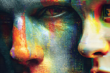 Generative AI glitch art composition of male female face merged with digital code and futuristic visual interference effect