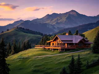 A cozy wooden chalet nestled on a sunny green slope, surrounded by pine trees and majestic snow-covered mountain peaks in the distance. Morning mist rises from the valley, and golden light bathes the 