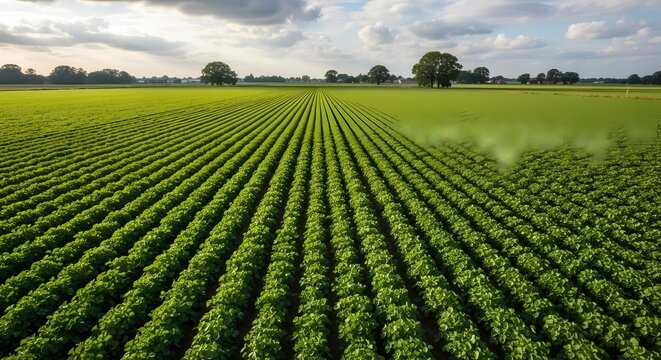 Lush rows of green crops form neat patterns across a farmland landscape with trees dotting the horizon under a partly cloudy sky.