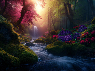 A magical forest bursting with vibrant flowers and moss-covered rocks, illuminated by soft sunlight streaming through the trees. A gentle stream flows into a serene waterfall in the background, creati