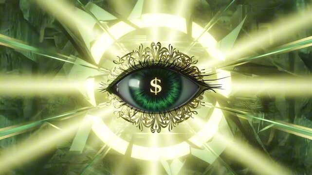 A glowing green eye with a dollar sign ($) in its pupil, surrounded by geometric frames of currency, iris made of fine gold filigree, light beams pulsing outward, money-watching-you theme