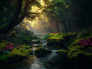 A magical forest bursting with vibrant flowers and moss-covered rocks, illuminated by soft sunlight streaming through the trees. A gentle stream flows into a serene waterfall in the background, creati