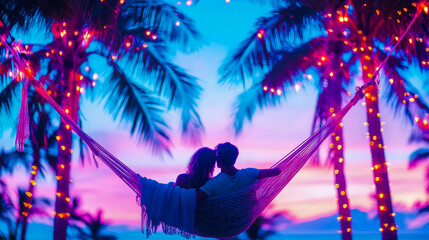 A romantic tropical evening scene featuring a couple relaxing in a hammock under vibrant palm trees adorned with glowing string lights at sunset, ideal for a holiday getaway promotion.
