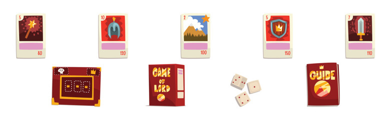 Game of Lord with Dice, Cards, Map and Guide Book Vector Set