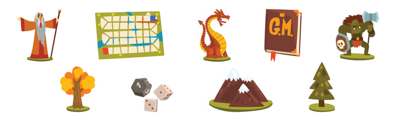 Game of Lord with Dice, Magician, Map and Dragon Vector Set